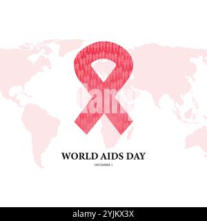 Giornata mondiale dell'AIDS, 1 dicembre. Illustrazione vettoriale piatta. Nastro rosso per sostenere le persone che vivono con l'HIV e la consapevolezza dell'HIV. Illustrazione Vettoriale