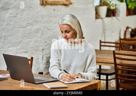 Una donna matura con i capelli grigi che strizza le note mentre si mette in contatto con il suo notebook in un caldo bar. Foto Stock