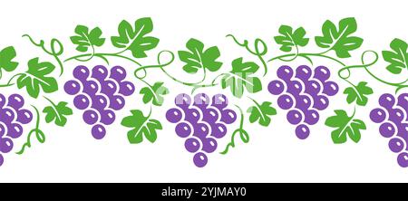 Ramificazione con grappoli di uva viola, foglie verdi e frutti di bosco. Ornamento decorativo floreale in vite. Motivo senza cuciture Illustrazione Vettoriale
