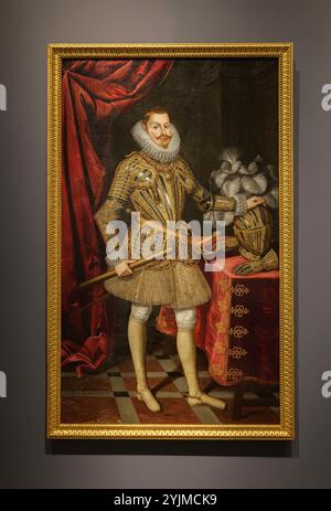 Filippo III in Armour di Bartolome Gonzalez, 1621, che mette in evidenza l'armatura milanese e un caratteristico ruff. Royal Collections Gallery. Madrid, Spagna Foto Stock