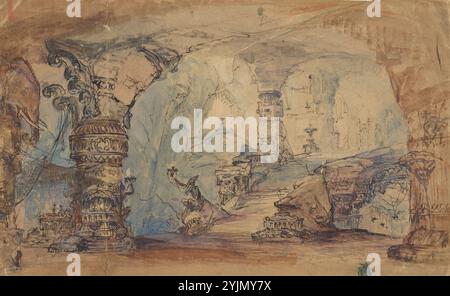 Robert Caney, British, 1847 - 1911, A Fantastic Underground Temple (Aladdin's Cave?), scenografie per Drury Lane Theatre, penna e inchiostro con acquerello e gouache sulla grafite a bordo, foglio: 25,1 x 40,6 cm (9 7, 8 x 16 pollici) Foto Stock