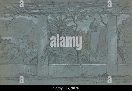 Francesco-Édouard Bertin French, 1797 - 1871, A Terrace and Garden on Capri [recto], c. 1822 o versioni successive, carbone e gesso bianco su carta blu, totale: 29,3 x 45 cm (11 9, 16 x 17 11, 16 pollici Foto Stock