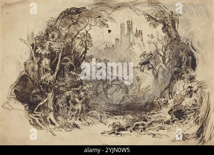 Robert Caney, British, 1847 - 1911, Castle on A Hill (set for 'Sleeping Beauty and the Beast'?), 1900?, Set Designs for Drury Lane Theatre, penna e inchiostro marrone con grafite e lavaggio marrone su carta tessuta, foglio: 16,8 x 24 cm (6 5, 8 x 9 7, 16 pollici Foto Stock