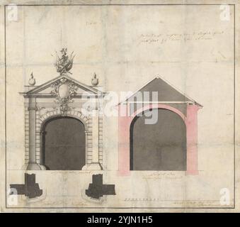 Balthasar Neumann, tedesco, 1687 - 1753, Design for a City Gate a Treviri, 1746, penna e inchiostro nero con lavaggio grigio e acquerello su tracce di grafite su carta posata, posa, foglio: 41,6 x 46,9 cm (16 3, 8 x 18 7, 16 pollici Foto Stock