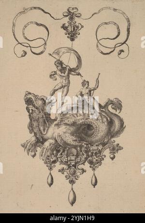 Hans Collaert the Elder Netherlandish, 1530 - 1581, Philip Galle (editore) Netherlandish, 1537 - 1612, Design for a Pendant with a Sea-Monster Carry Thetis and a Man with a Sail, 1582, Bullarum Inaurium ecc.. Archetypi artificiosi [piastra 2], incisione, New Hollstein, n.. 1655, Stato i, II, Adriaen Collaert artista fiammingo, c. 1560 - 1618 Foto Stock