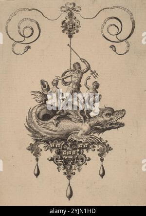 Hans Collaert the Elder Netherlandish, 1530 - 1581, Philip Galle (editore) Netherlandish, 1537 - 1612, Design for a Pendant with a Sea-Monster Carry Neptune fiancheggiato da due figure, 1582, Bullarum Inaurium ecc.. Archetypi artificiosi [piastra 6], incisione, foglio (tagliato al segno della piastra): 17,6 x 12,9 cm (6 15, 16 x 5 1, 16 poll.), New Hollstein, n. 1659, Stato i, II, Adriaen Collaert artista fiammingo, c. 1560 - 1618 Foto Stock