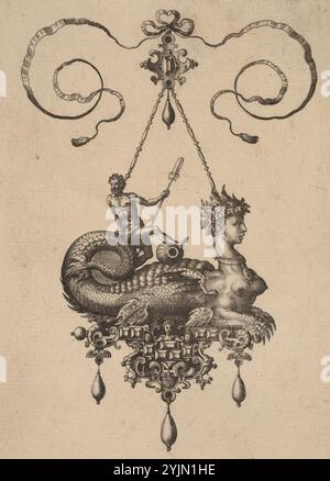 Hans Collaert the Elder Netherlandish, 1530 - 1581, Philip Galle (editore) Netherlandish, 1537 - 1612, Design for a Pendant with a Sphinx with the Body of a Fish Caring a Man with an Oar, 1582, Bullarum Inaurium ecc.. Archetypi artificiosi [piatto 5], incisione, New Hollstein, n.. 1658, Stato i, II, Adriaen Collaert artista fiammingo, c. 1560 - 1618 Foto Stock