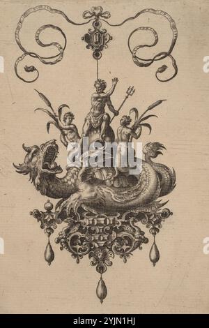 Hans Collaert the Elder Netherlandish, 1530 - 1581, Philip Galle (editore) Netherlandish, 1537 - 1612, Design for a Pendant with a Sea-Monster Carry Neptune fiancheggiato da due Nereidi, 1582, Bullarum Inaurium ecc.. Archetypi artificiosi [piastra 4], incisione, New Hollstein, n.. 1657, Stato i, II, Adriaen Collaert artista fiammingo, c. 1560 - 1618 Foto Stock