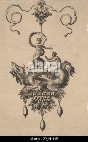 Hans Collaert the Elder Netherlandish, 1530 - 1581, Philip Galle (editore) Netherlandish, 1537 - 1612, Design for a Pendant with a Winged Sea-Monster Carry Venus Anadyomene on a Shell and a Man with an Oar, 1582, Bullarum Inaurium ecc.. Archetypi artificiosi [piatto 9], incisione, New Hollstein, n.. 1662, Stato i, II, Adriaen Collaert artista fiammingo, c. 1560 - 1618 Foto Stock