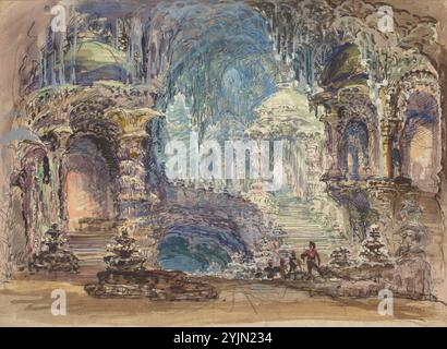 Robert Caney British, 1847 - 1911, Fantastic Pavilions in a Grotto, scenografie per Drury Lane Theatre, penna e inchiostro nero con acquerello e gouache su grafite su carta tessuta, foglio: 17,4 x 23,9 cm (6 7, 8 x 9 7, 16 pollici Foto Stock