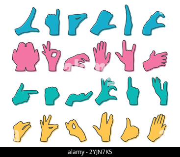 Set di silhouette colorate per i gesti delle mani. Profilo delle mani. Gesti come segno okay, pollice in alto, puntare il dito, fare il cuore. Illustrazione vettoriale Illustrazione Vettoriale