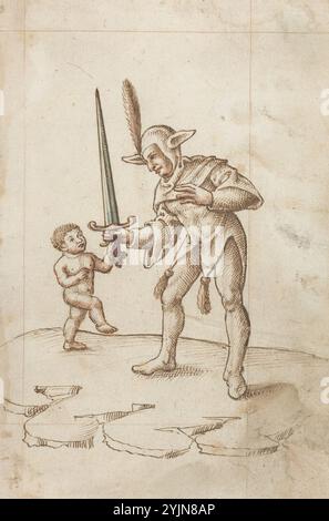 Francese inizio XVI secolo, Turn aside the Sharp Sword' [fol. 44 recto], c. 1512, 1515, Speculum principis (Specchio per principi), penna e inchiostro marrone con acquerello su carta posata, totale: 16,3 x 10,7 cm (6 7, 16 x 4 3, 16 pollici) Foto Stock