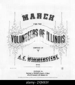 Marzo, per i volontari dell'Illinois, Wimmerstedt, A. E. (compositore), Reed's Temple of Music, Chicago, 1864., Stati Uniti, storia, guerra civile, 1861-1865, canzoni e musica, musica per pianoforte, marce, Illinois, storia, guerra civile, 1861-1865, canzoni e musica, Soldiers, Illinois, Songs and Music, Popular Songs of the Day, Songs and Music, War and Conflict, Civil War and Reconstruction (1861-1877), Music Associated with the Union Side, spartiti Foto Stock