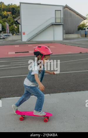 una ragazza carina con un casco rosa cavalca uno skateboard. Foto di alta qualità Foto Stock