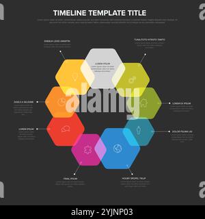 Esagoni semplici circolare modello infografico multiuso con nove elementi e elemento centrale. Infochart con icone, blocchi di colore e descrizioni su da Illustrazione Vettoriale