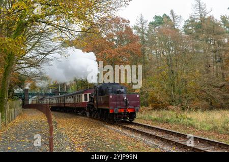 46441 locomotiva a vapore sulla storica linea ferroviaria Lakeside and Haverthwaite nel Lake District vicino a Windermere. Foto Stock