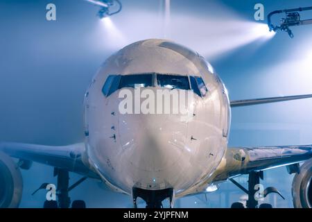 Sbrinamento del velivolo prima del volo. Durante le nevicate invernali, servizio notturno e a terra all'aeroporto. Foto Stock