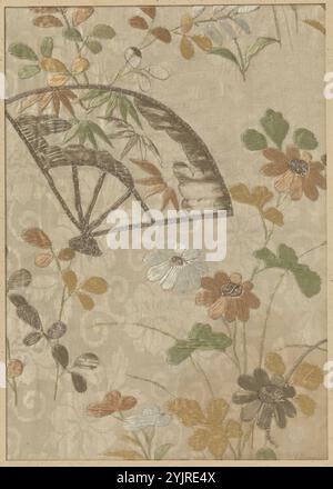 Frammento tessile, ricamo di fiori e un ventilatore su damasca beige., anonimo, Giappone, 1711 - 1716, periodo Shotoku, seta, altezza 29 cm x larghezza 20,7 cm Foto Stock