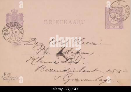 Cartolina a Philip Zilcken, cartolina, scrittore: Adèle Josephine Godoy, Amsterdam, 20 gennaio 1889, inchiostro di cartone, scrittura, penna, letteratura, arte, invio e ricezione di materiale postale, Philip Zilcken Foto Stock