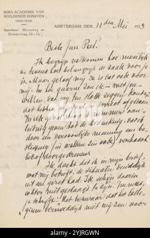 Lettera a Jan Veth, scrittore: Rijksakademie van Beeldende Kunsten, scrittore: Antoon Derkinderen, Amsterdam, 11 maggio 1923, carta inchiostro, scrittura, penna, stampa, Jan Veth, Johannes Josephus Aarts Foto Stock