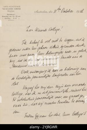 Lettera a Jan Veth, scrittore: Rijksakademie van Beeldende Kunsten, scrittore: Antoon Derkinderen, Amsterdam, 11 ottobre 1918, carta inchiostro, scrittura, penna, stampa, Jan Veth Foto Stock