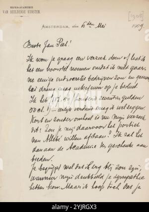 Lettera a Jan Veth, scrittore: Rijksakademie van Beeldende Kunsten, scrittore: Antoon Derkinderen, Amsterdam, 16 maggio 1909, carta inchiostro, scrittura, penna, stampa, denaro, personaggi storici (ritratti e scene della vita), arti grafiche, disegno, Jan Veth, August Allebé Foto Stock