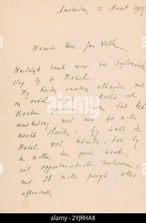 Lettera a Jan Veth, stampata, scrittore: Hendrick Peter Godfried Quack, Amsterdam, 12-mar-1909, carta inchiostro, scrittura, penna, soldi, Jan Veth, Karel Petrus Cornelis de Bazel Foto Stock