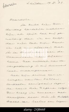 Lettera a Jan Veth, stampata, scrittore: Johan Huizinga, Leiden, 19 febbraio 1923, inchiostro di carta, scrittura, penna, Jan Veth, Marinus van Notten, Frederik Schmidt-Degener, Pieter Catharinus Johannes Albertus Boeles, Jan Hendrik Holwerda Foto Stock