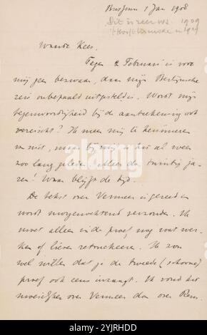 Lettera a Cornelis Gerardus 't Hooft, stampata, scrittrice: Jan Veth, Bussum, 1 gennaio 1909, inchiostro di carta foderato, scrittura, penna, lo scrittore probabilmente datò erroneamente la lettera al 1° gennaio 1908, perché Cornelis Gerardus 't Hooft si sposò nel 1909. Cfr. Anche la lettera RP-D-1984-C.G.THOOFT-30., viaggi, turismo, vita familiare, stampati, Berlino, Cornelis Gerardus 't Hooft, Johannes Vermeer, Rembrandt van Rijn Foto Stock