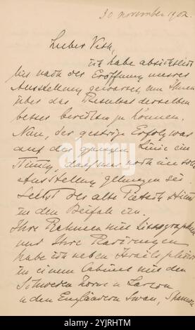 Lettera a Jan Veth, stampata, scrittore: Max Liebermann, Berlino, 30 novembre 1902, inchiostro di carta, scrittura, penna, registrato in: Ernst Braun, Max Liebermann: Briefe 1902-1906, Baden-Baden: Deutscher Wissenschafts-Verlag, 2013, Band 3, p. 80., mostra, arte, disegno, arti grafiche, Berlino, Jan Veth, Ludwig Pietsch, Anders Leonard Zorn, Carl Olof Larsson, Charles Swan, Charles Haslewood Shannon, Henri de Toulouse-Lautrec, Théophile Alexandre Steinlen, Thomas Theodor Heine, Adam Adolf Oberländer, Walter Leistikow, Ludwig von Hofmann Foto Stock