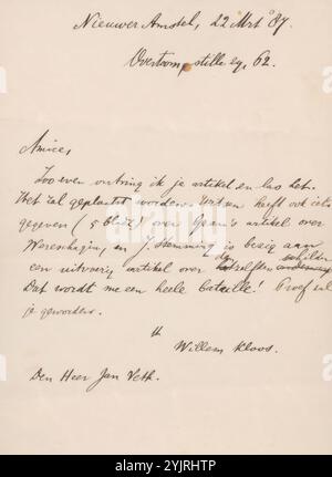 Lettera a Jan Veth, scrittore: Willem Kloos, Amsterdam, 22-mar-1887, inchiostro di carta, scrivere, penna, Jan Veth, De Nieuwe Gids, Willem Witsen Foto Stock