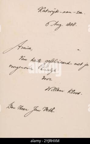 Lettera a Jan Veth, scrittore: Willem Kloos, Katwijk aan Zee, 6 agosto 1888, inchiostro di carta, scrivere, penna, vita familiare, Jan Veth Foto Stock