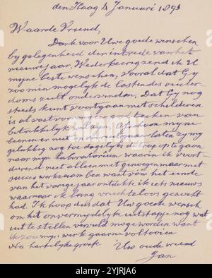 Lettera ad Ary Johannes Lamme, scrittore: Johan Eliza de Vrij, l'Aia, 4 gennaio 1893, carta inchiostro, scrittura, penna, pittura (compresa l'illuminazione di libri, la pittura in miniatura), Ary Johannes Lamme Foto Stock