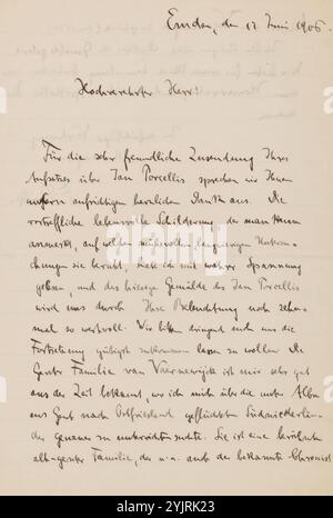 Lettera a Pieter Haverkorn van Rijsewijk, lettera, scrittore: F. Ritter, Emden, 17 giugno 1906, inchiostro di carta, scrittura, penna, pittura (compresa l'illuminazione di libri, la pittura in miniatura), Pieter Haverkorn van Rijsewijk, Jan Porcellis Foto Stock