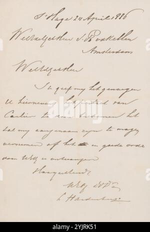 Lettera a Johan Philip van der Kellen, scrittore: Lambertus Hardenberg (1822-1900), l'Aia, 24 aprile 1886, inchiostro di carta, scrittura, penna, personaggi storici (ritratti e scene della vita), Johan Philip van der Kellen, Aernout Carlier Foto Stock