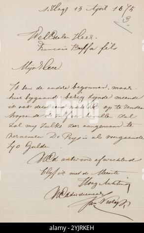 Lettera a Frans Buffa en Zonen, scrittore: Jan Vrolijk, l'Aia, 13 aprile 1875, inchiostro a scacchi, scrittura, penna, soldi, arte, negozio d'arte, Frans Buffa en Zonen Foto Stock