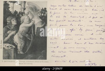 Cartolina a Andries Bonger, cartolina, scrittore: Odilon Redon, creatore: Anonimo, dopo un dipinto di: Sandro Botticelli, dopo una foto di: Berthaud Frères, Parigi, 18-dic-1902, inchiostro di cartone, scrittura, penna, fotostampa, Andries Bonger, Wilhelm Bernatzik Foto Stock