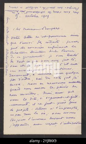 Lettera ad Andries Bonger, scrittore: Odilon Redon, Bièvres, 15 ottobre 1909, inchiostro di carta, scrittura, penna, materiale stampato, vita familiare, malattie, pittura (compresa l'illuminazione di libri, la pittura in miniatura), Parigi, Clarens (Svizzera), Bièvres, Andries Bonger, Arai Redon, Camille Corot, Adolphe Joseph Thomas Monticelli Foto Stock