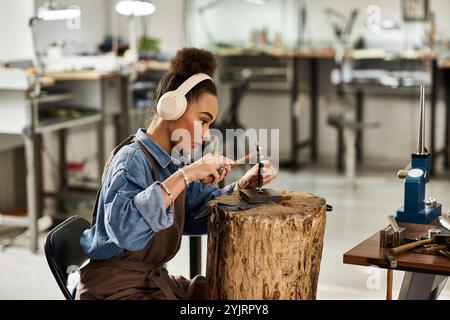 Una designer di talento si concentra sulla creazione di splendidi gioielli mentre si diverte con il suo mestiere. Foto Stock