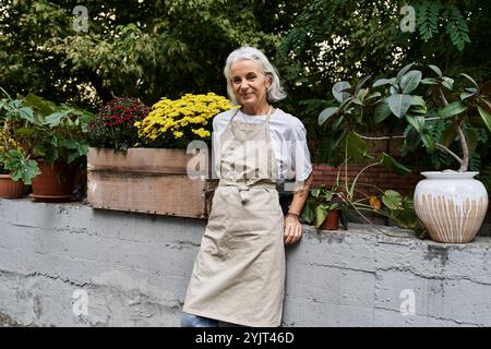 Una bella donna matura si erge accanto a fiori colorati in un tranquillo giardino. Foto Stock