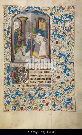 Il Martirio di San Tommaso Becket; Arenberg Hours, primi anni '1460 Informazioni aggiuntive: Thomas Becket (circa 1118-1170), cancelliere d'Inghilterra e arcivescovo di Canterbury, prega devozionalmente davanti all'altare nella cattedrale di Canterbury mentre tre cavalieri lo avvicinano da dietro, uno con la spada sollevata minacciosamente. Becket era stato un fidato amico di Enrico II, re d'Inghilterra, ma si trovarono coinvolti in una lite sui diritti della Chiesa. Questa disputa terminò amaramente nel 1170 quando un gruppo di cavalieri di Enrico, incitato dalla rabbia del loro re nei confronti dell'arcivescovo, uccise Becket sull'altare di Canterbur Foto Stock