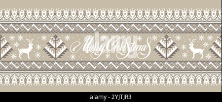 Illustrazione vettoriale di ornamento popolare ucraino senza cuciture con simboli invernali e testo di buon Natale. Elemento di confine etnico. Tradizionale Illustrazione Vettoriale