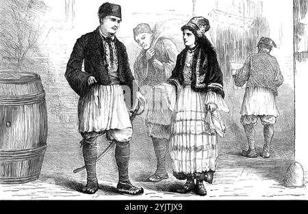 Gente di Servia, 1872 anni. "...le figure di due serbi un uomo e una donna, mostrando il costume ordinario della classe rispettabile in quel paese appartato d'Europa". Da "Illustrated London News", 1872. Foto Stock