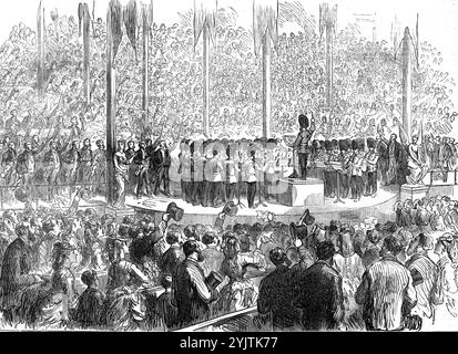 Festival musicale a Boston [Massachusetts]: Band dei Grenadier Guards che suonano "The Star-Spangled Banner", 1872. Festival '...tenuto in un edificio temporaneo molto grande, ha progettato il Colosseo, che costava &#xa3;50.000 in costruzione, estendendosi su cinque acri di terreno. L'edificio e' stato costruito in sei settimane. C'era spazio per un pubblico di 70.000 persone, con un coro di 20.000 cantanti, un'orchestra di 1000 suonatori e altri 1000 nelle bande militari... la chiusura del terzo atto di "Martha" fu cantata da 150 cantanti operistici, aiutati dai 20.000 e dai musicisti. L'impressione Foto Stock