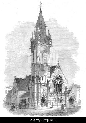 The Smithfield Martyrs' Memorial Church, [Londra], 1871. 'Questo edificio... si trova in St. John-street-road...in la parrocchia di St. James, Clerkenwell... lo stile dell'architettura è in stile gotico, dai disegni di Mr. E. L. Blackburne, F.S.A. all'esterno dell'edificio sono collocate diciassette statue dei martiri protestanti inglesi e cinque bassorilievi di scene di martirio... l'interno offrirà un alloggio per circa 1000 persone, e metà dei posti a sedere devono essere liberi...rotoli ornamentali... intorno alle pareti ci sono scritte le date, i nomi memorabili, le accuse di morte Foto Stock