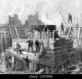 Costruzione della piattaforma per il martello a vapore da 25 tonnellate di Nasmyth, in The Gun Factory, Woolwich Arsenal, [sud di Londra], 1872. Operai che costruiscono le fondamenta. "Era necessario scavare un buco di 45 piedi. quadrati e 19 piedi profondo; e, dalla natura paludosa del terreno su cui si stenderà l'intera struttura, è stato trovato opportuno portare cento pali nella ghiaia solida di circa 25 piedi. di seguito, gli spazi intermedi vengono riempiti di cemento. Su questo è stata posizionata una piastra di ferro di 11 poll. Spesso, pesava 164 tonnellate...su questo di nuovo è stato posto un altro piatto di ferro... del peso di 121 tonnellate. Di nuovo in questo posto Foto Stock