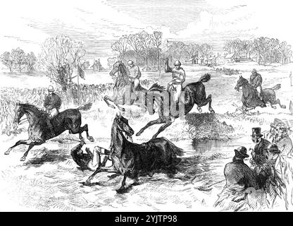 La Windsor Steeplechase, 1869. "Le riunioni del Windsor Grand Military e Open Steeplechase si sono tenute lunedì e martedì settimana; ma il maltempo del primo di questi due giorni ha causato una partecipazione molto ridotta. La lotteria militare fu vinta dal capitano Harford, cavalcando la sua baia mare, Protectress; e guidò anche il vincitore della Guards' Cup, questo cavallo era Tinderbox, appartenente al capitano C. White. Il clima piacevole del martedì ha compensato i visitatori di Windsor per la miseria che erano stati costretti a sopportare il giorno di apertura della riunione. La partita tra Balder A. Foto Stock