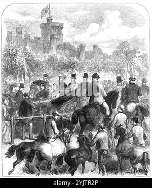 The Queen at the Agricultural Society's Show in the Home Park, Windsor: Judging the Horses, 1872. "La Regina ha visitato, mercoledì settimana, la mostra annuale della Royal Counties (Hants and Berks) Agricultural Association, che si è svolta mercoledì, giovedì e venerdì, presso l'Home Park, Windsor, vicino alla stazione ferroviaria sud-occidentale, e sotto la terrazza nord del Castello di Windsor...la Regina, con il Principe Leopoldo, la Principessa Cristiana e la Principessa Beatrice, è arrivata in carrozza e quattro dal Castello...sua Maestà, essendo stata presentata con il catalogo, ha guidato lentamente intorno al gr Foto Stock