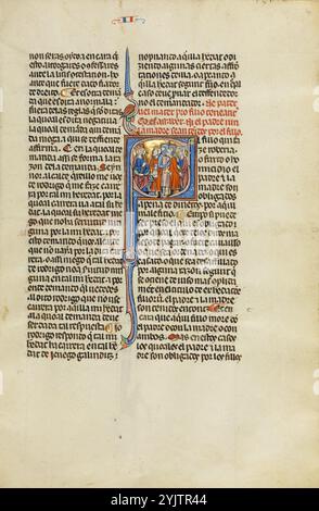 E iniziale: Figlio di una famiglia guidato da soldati prima di un re; Vidal Mayor, circa 1290-1310. Ulteriori informazioni: Nel 1247, con la riconquista della Spagna dalle forze musulmane praticamente completata, re Giacomo i d'Aragona e Catalogna, Spagna, decise di stabilire un nuovo codice di legge sistematico per il suo regno. Affidò il compito a Vidal de Canellas, vescovo di Huesca. Il manoscritto, l'unica copia conosciuta del codice di legge ancora esistente, è una traduzione del testo latino di Vidal de Canellas nella lingua vernacolare Navarro-aragonese (in quella lingua, il libro è chiamato Vidal Mayor in riferimento alla A. Foto Stock