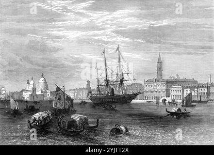 Apertura della nuova linea per i piroscafi della compagnia Peninsulare e Orientale da Venezia, 1872. Un nuovo percorso, '...from Venezia lungo l'Adriatico, per i piroscafi [P&amp;o], con le e-mail terrestri e i passeggeri diretti in India e Cina...vista della Poonah che si trova lungo la Riva dei Schiavoni, di fronte al Palazzo Ducale e molto vicino alla Cattedrale di San Marco. Entrambi questi edifici nobiliari, i monumenti più grandiosi della gloria e prosperità veneziana del passato, sono visibili nella nostra illustrazione, con una bellezza senza compromessi, che guarda ad una scena nel porto di Venezia che nessuno dei Dogi avrebbe potuto prevedere. E' tutto Foto Stock